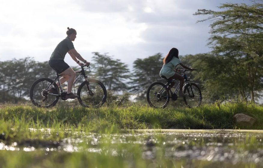 Mountain biking past the water at golden hour