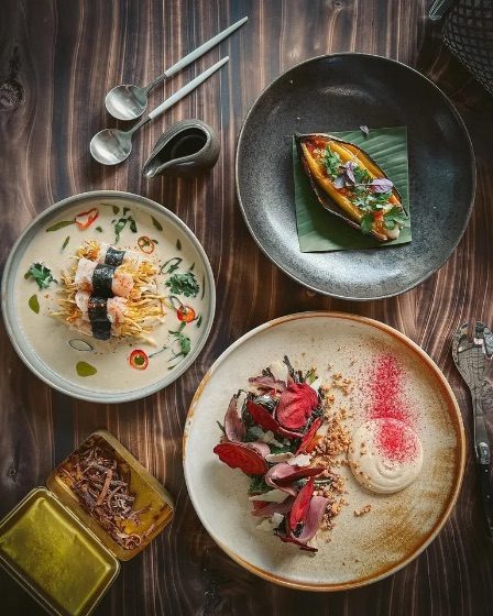 A chef's tasting spread of plated dishes