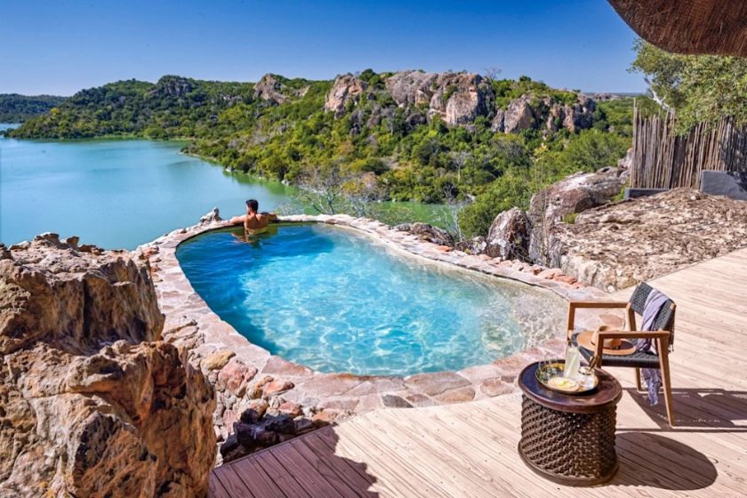 An infinity pool above the lake